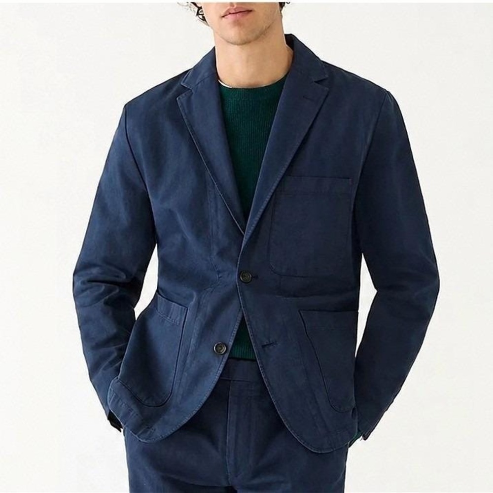 J.Crew Chore Blazer Linen Cotton Chino Suit Jacket Men 36 Small Navy Blue Dyed